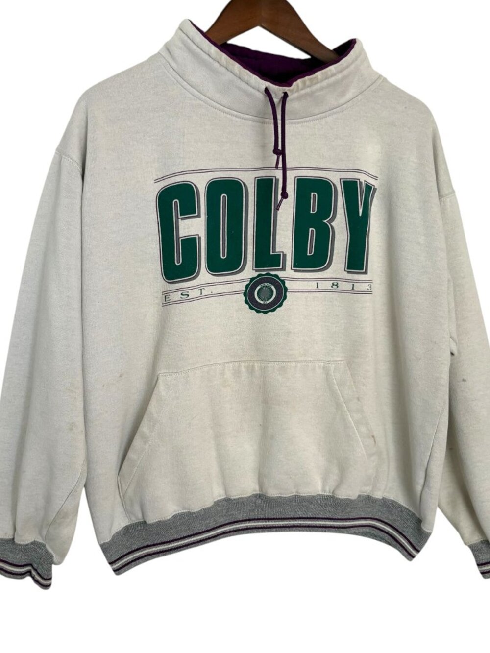 Vintage 90s Colby College Cowl Neck Sweatshirt Medium Gray Teal Waterville Maine